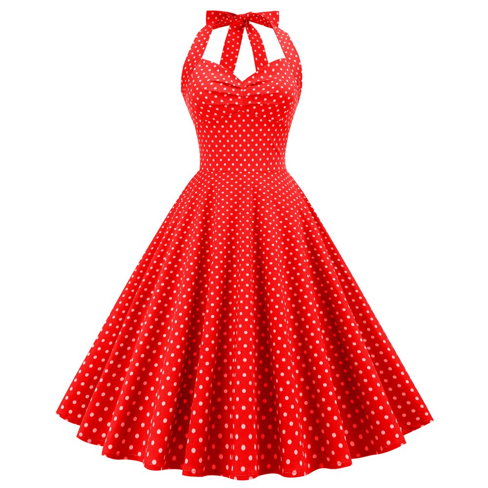 Women Vintage Halterneck Dress Retro Rockabilly Polka Dot Cocktail Party 1950s 40S Swing Dress Summer Dress Casual Dress