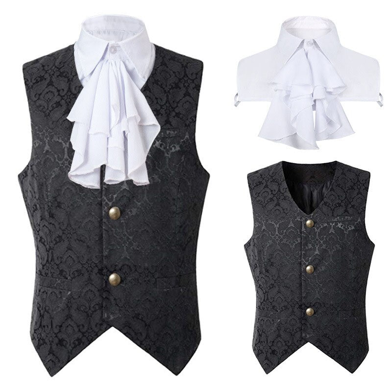 Men Gothic Steampunk Vest With Fake Ruffles Collar Jcquard Brocade Waistcoat Medieval Ranassance Tops Victorian Vintage Costume