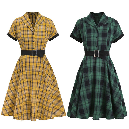 Women Vintage Plaid Dress Retro Rockabilly Cocktail Party 1950s 40s Swing Dress Summer Dress Casual Short Sleeves