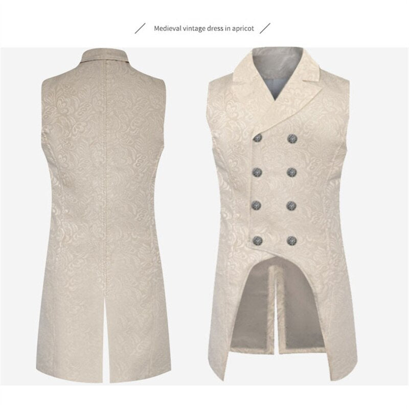 Mens Gothic Steampunk Tailcoat Double Breasted Jacquard Brocade Medieval Renaissance Vest Waistcoat Victorian Vintage Costume