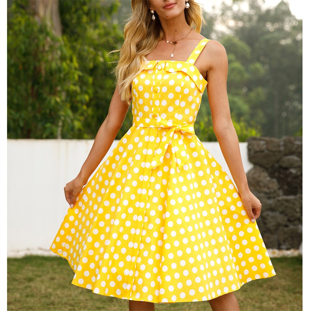 Women Vintage Yellow Polka Dots Dress Retro Rockabilly Strap Suspenders Cocktail Party 1950s 40s Swing Dress Summer Dress