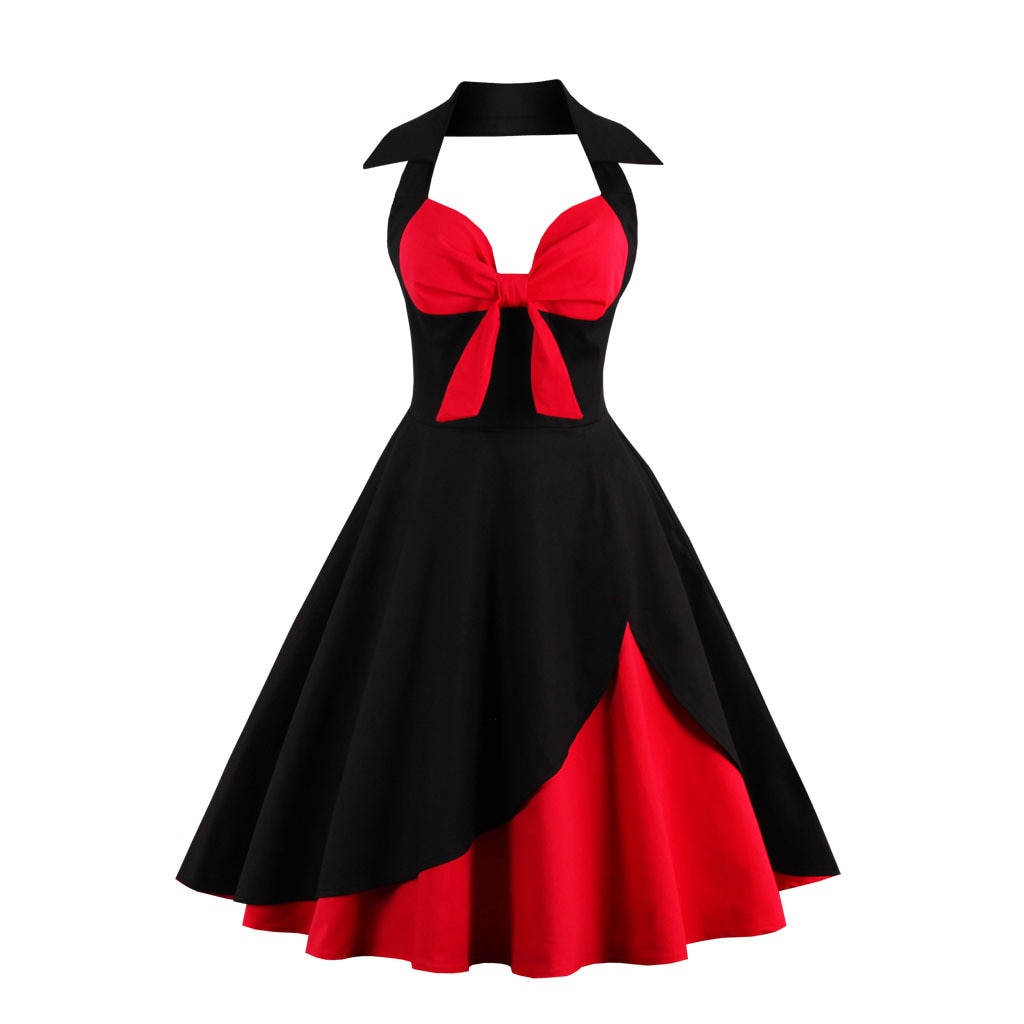 Women Vintage Halterneck Dress Black Red Retro Rockabilly Cocktail Party 1950s 40S Swing Dress Summer Dress Casual Dress