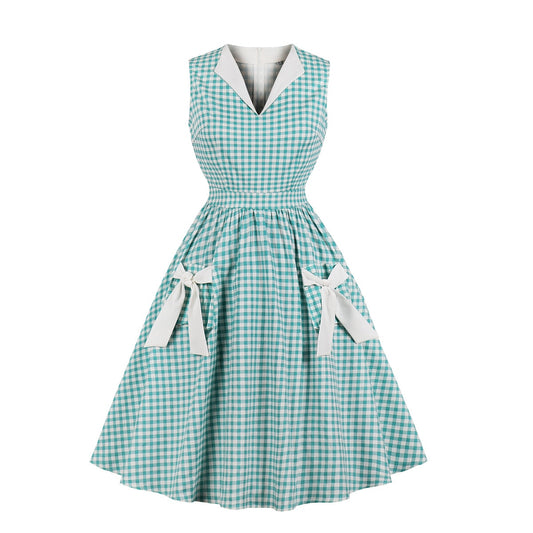 Women Vintage Plaid Dress With Pocket Retro Rockabilly 2023 Cocktail Party 1950s 40s Swing Dress Summer Dress Sleeveless