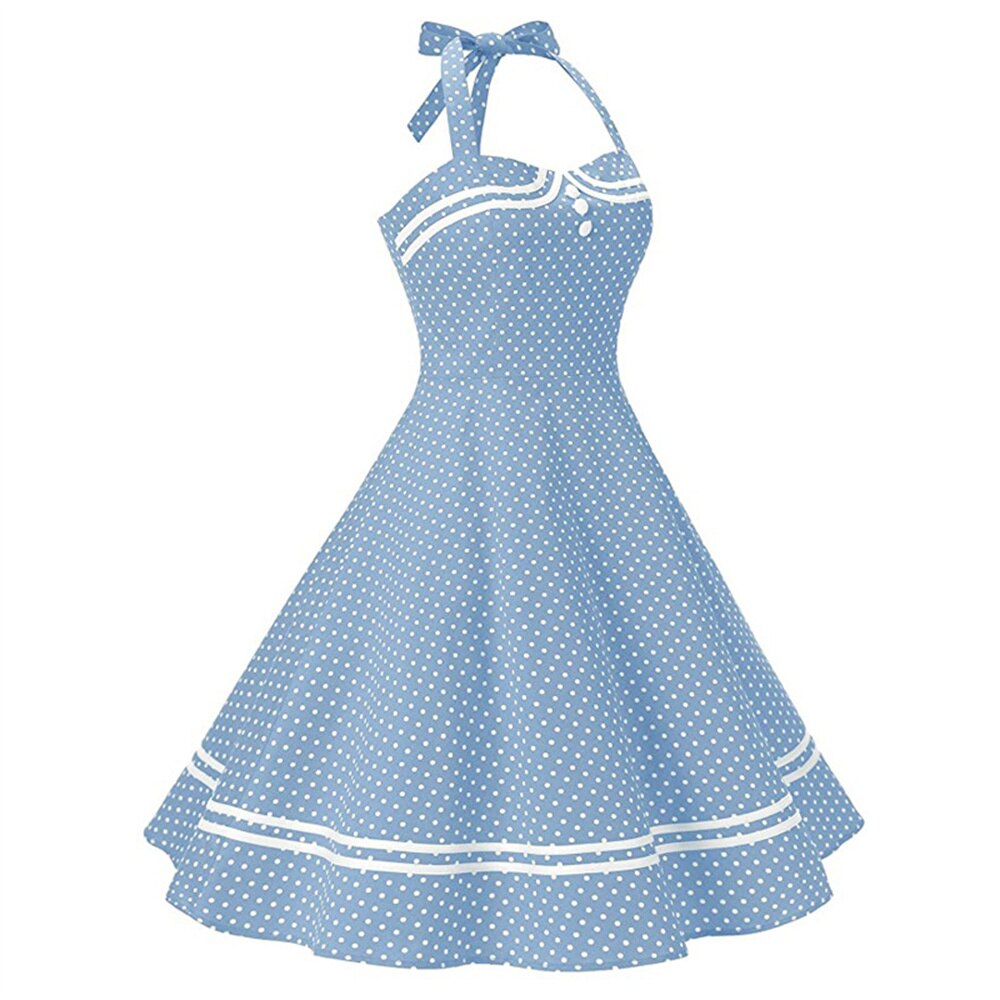 Women Vintage Halterneck Dress Retro Rockabilly Polka Dot Cocktail Party 1950s 40S Swing Dress Summer Dress Casual Beach Dress