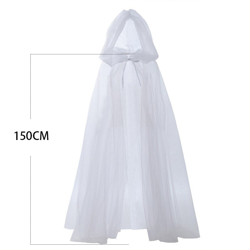 Women Red Hooded Tulle Cape Long Chiffon Medieval Net Robe Vampire Bride Sheer Haunted Cloak Costume for Adults and Teens