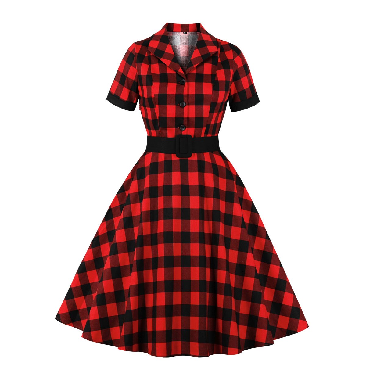 Women Vintage Plaid Dress Retro Rockabilly V-Neck Cocktail Party 1950s 40s Swing Dress Summer Dress Short Sleeves