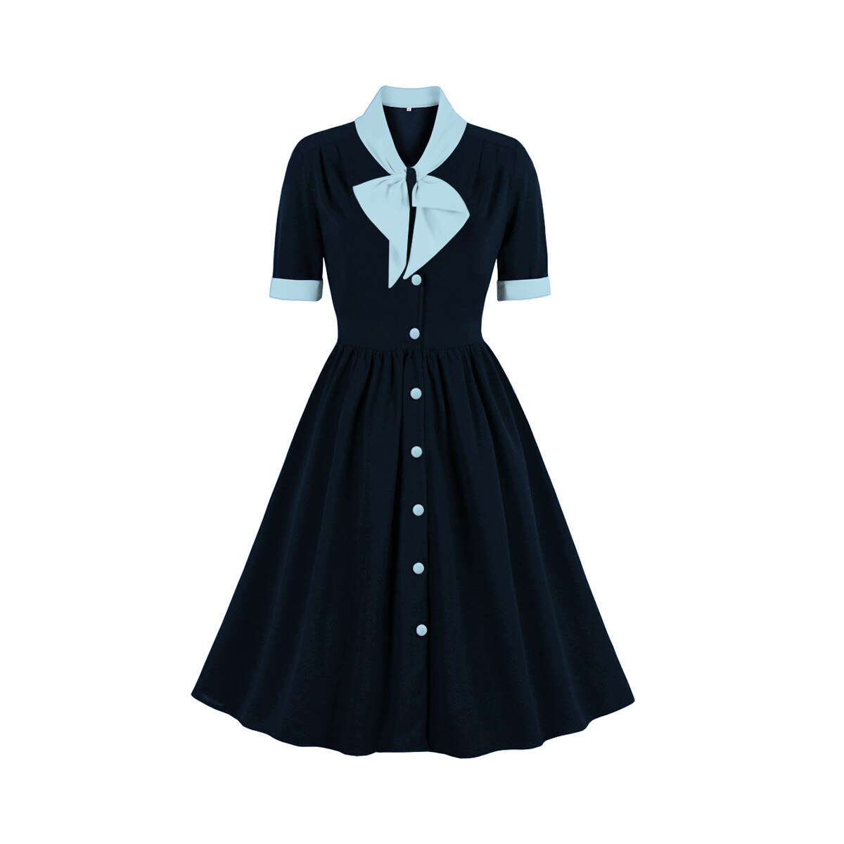 Women Vintage Bow Solid Dress Retro Rockabilly 2023 Elegant Cocktail Party 1950s 40s Swing Dress Summer Dress Short Sleeves