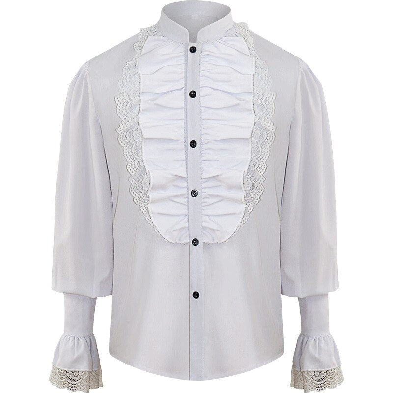 Men Medieval Renaissance Pirate Shirt Victorian Ruffles Steampunk Gothic Retro Lace Viking Halloween Costume Vintage Shirt Black