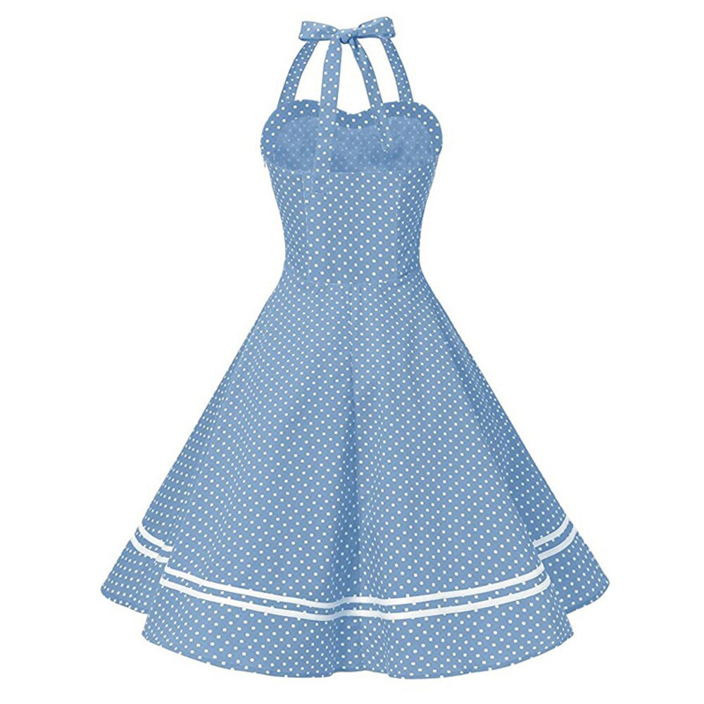 Women Vintage Halterneck Dress Retro Rockabilly Polka Dot Cocktail Party 1950s 40S Swing Dress Summer Dress Casual Beach Dress