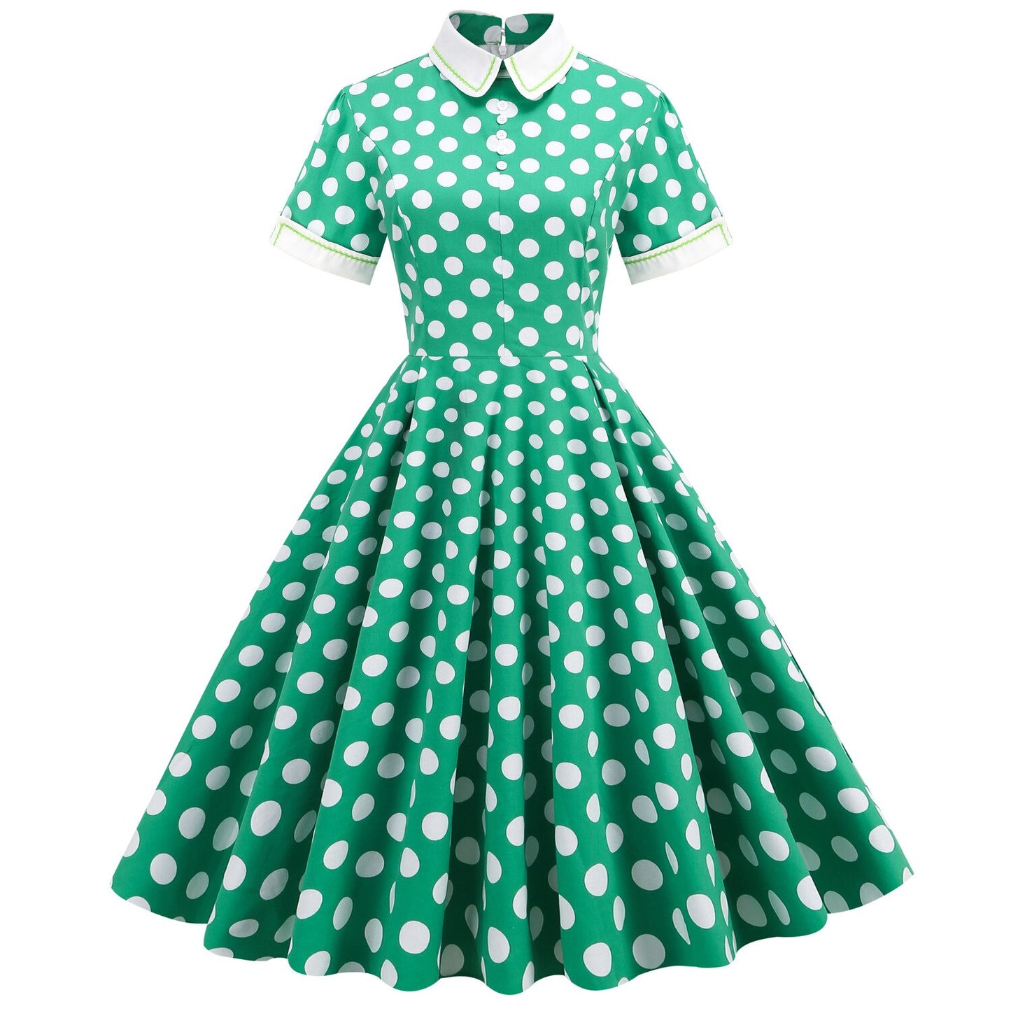 Women Vintage Green Polka Dots Dress With Pockets Rockabilly Cocktail Party 1950s 40s Swing Dress Casual Dress Short Sleeves