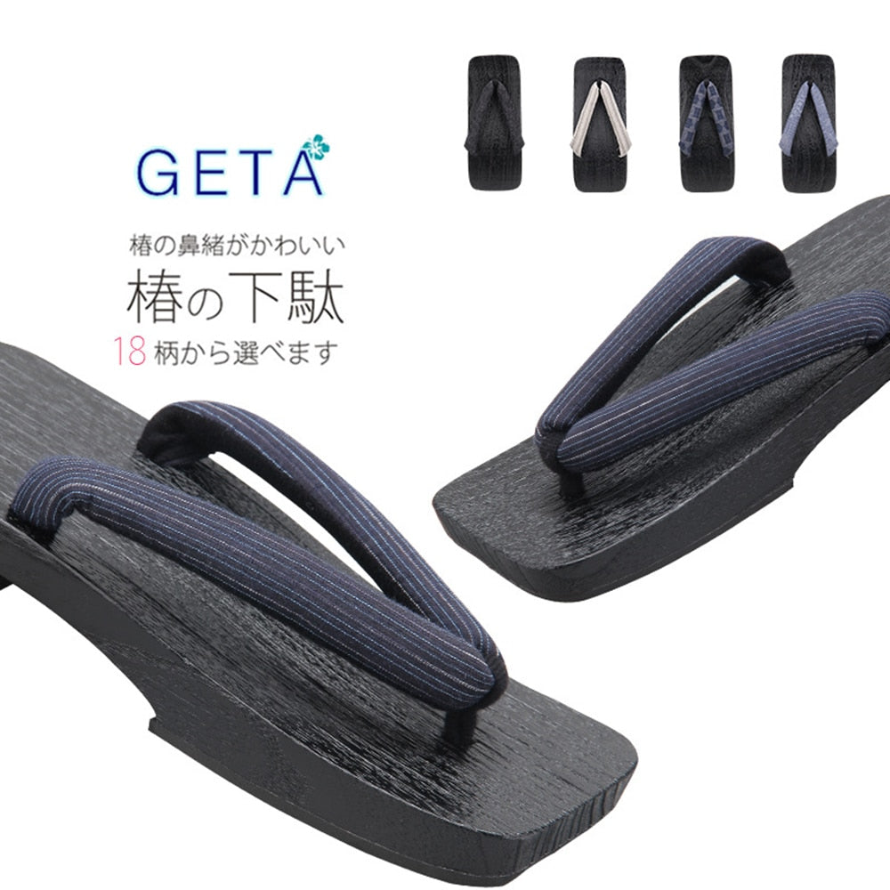 Men Japanese Geta Clogs Traditional Samurai Texture Print Yukata Wooden Flip Flops Toe Shoes Oriental Sandals Slippers