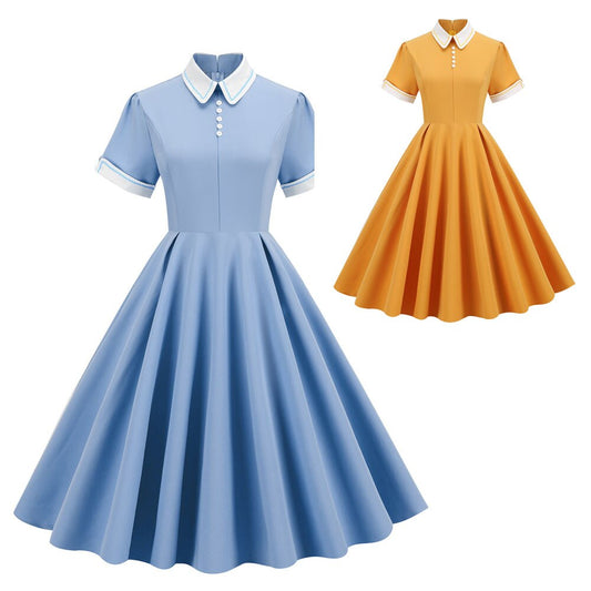 Women Vintage Blue Dress Peter Pan Collar Rockabilly Cocktail Party 1950s 40s Swing Dress Casual Dress Short Sleeves