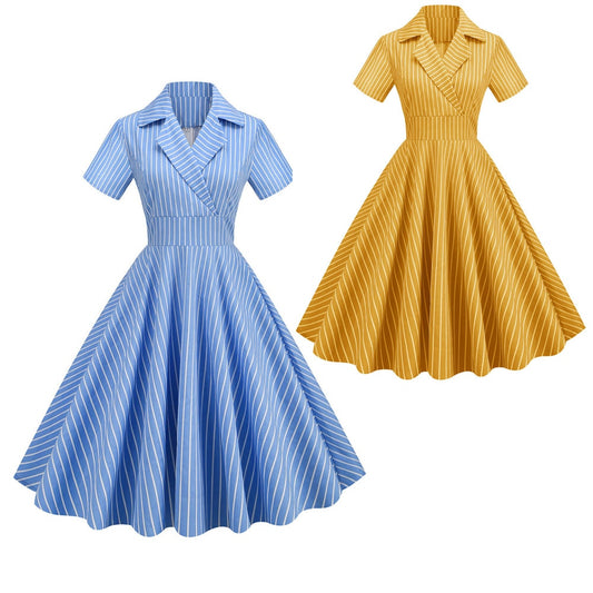 Women Vintage Striped Dress Rockabilly Cocktail Party 1950s 40s Swing Dress Summer Dress Short Sleeves