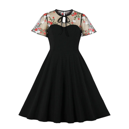 Women Vintage Mesh Embroidery Dress 2023 Retro Rockabilly Cocktail Party Lace 1950s Swing Dress Summer Dress See through Black