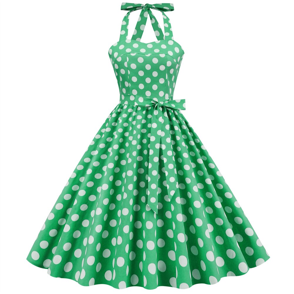 Women Vintage Halterneck Dress Retro Rockabilly Polka Dot Cocktail Party 1950s 40S Swing Dress Summer Dress Yellow Beach Dress