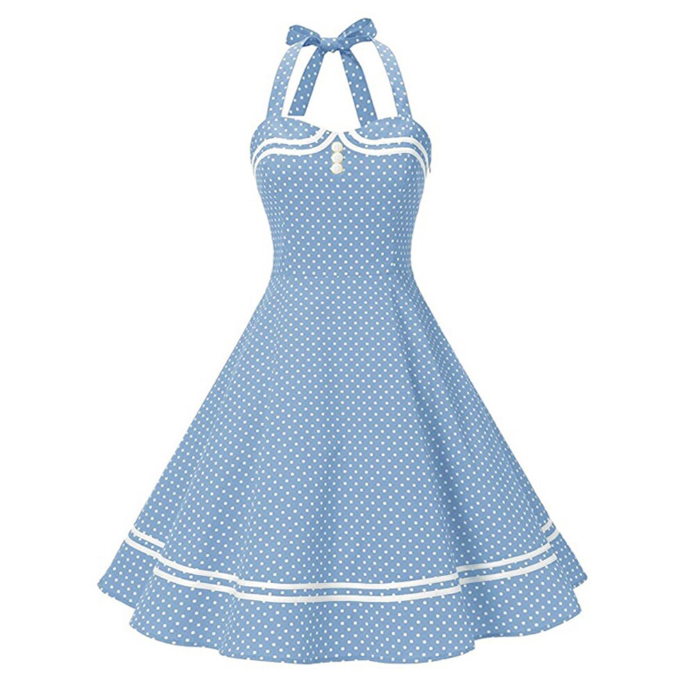 Women Vintage Halterneck Dress Retro Rockabilly Polka Dot Cocktail Party 1950s 40S Swing Dress Summer Dress Casual Beach Dress