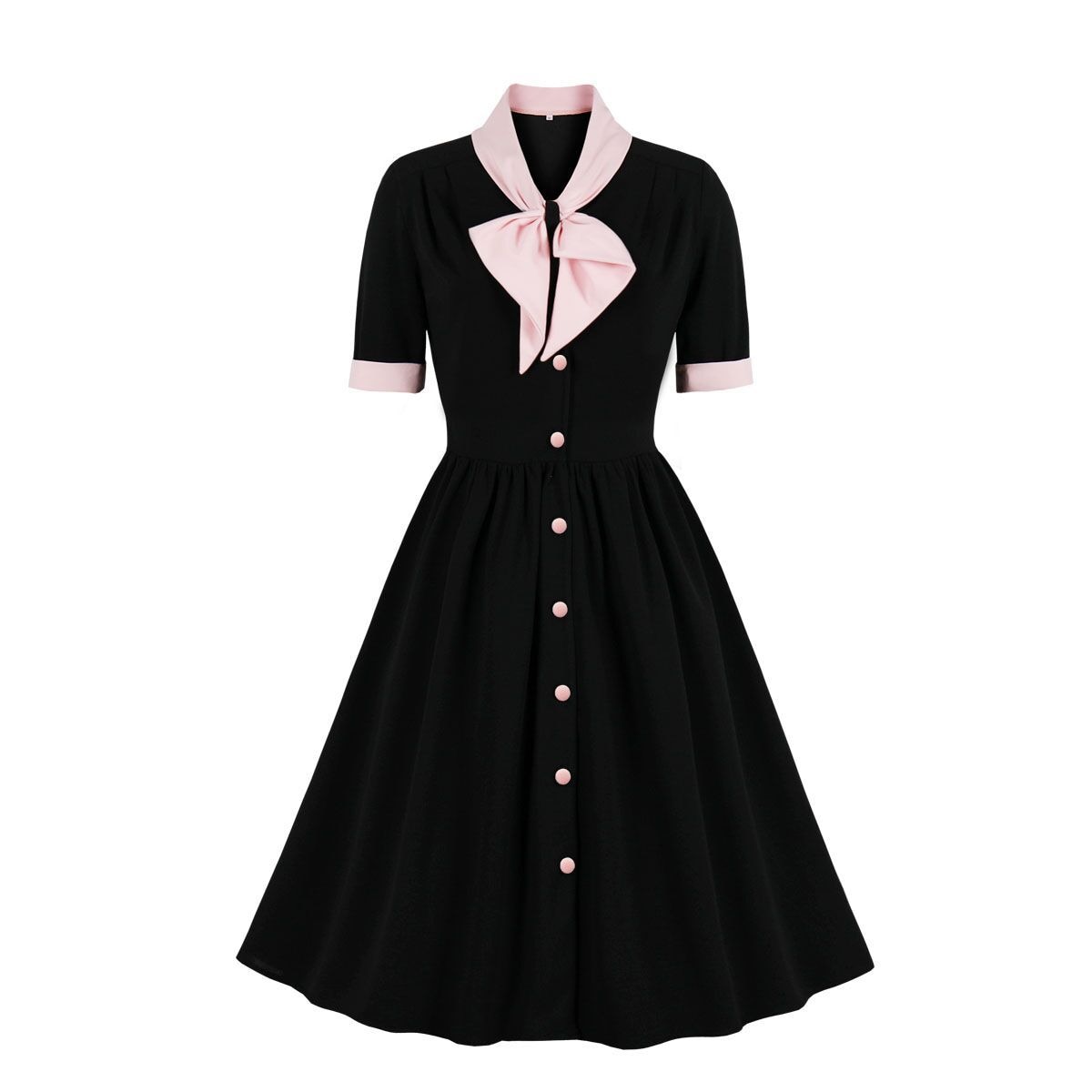 Women Vintage Bow Solid Dress Retro Rockabilly 2023 Elegant Cocktail Party 1950s 40s Swing Dress Summer Dress Short Sleeves