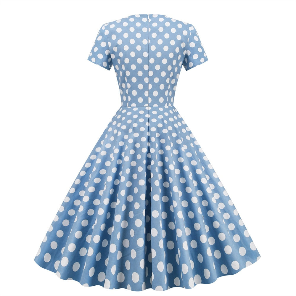 Women Vintage Polka Dots Dress Asymmetrical Rockabilly Cocktail Party 1950s 40s Swing Dress Summer Dress Short Sleeves