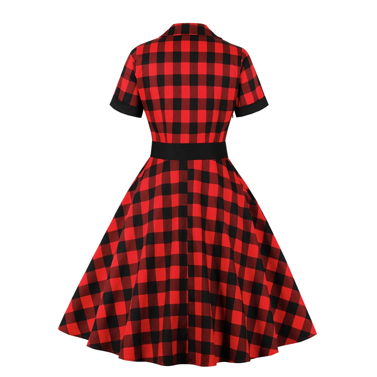 Women Vintage Plaid Dress Retro Rockabilly V-Neck Cocktail Party 1950s 40s Swing Dress Summer Dress Short Sleeves