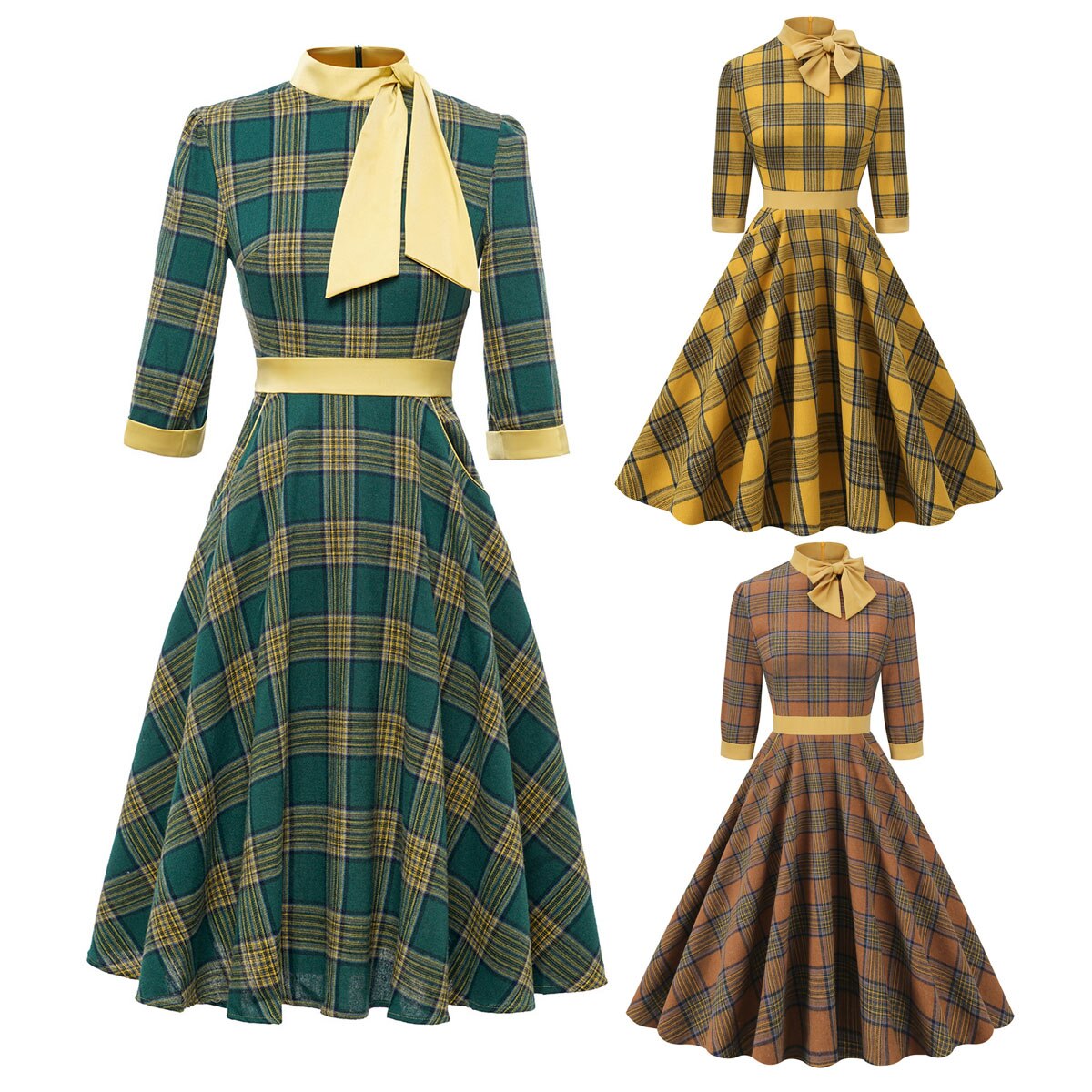 Women Vintage Plaid Dress With Pocket Rockabilly Cocktail Party 1950s 40s Swing Dress Autumn Winter Dress Long Sleeves