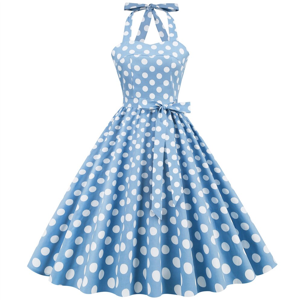 Women Vintage Halterneck Dress Retro Rockabilly Polka Dot Cocktail Party 1950s 40S Swing Dress Summer Dress Yellow Beach Dress