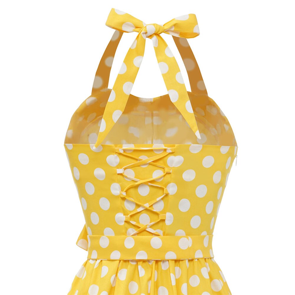 Women Vintage Halterneck Dress Retro Rockabilly Polka Dot Cocktail Party 1950s 40S Swing Dress Summer Dress Yellow Beach Dress