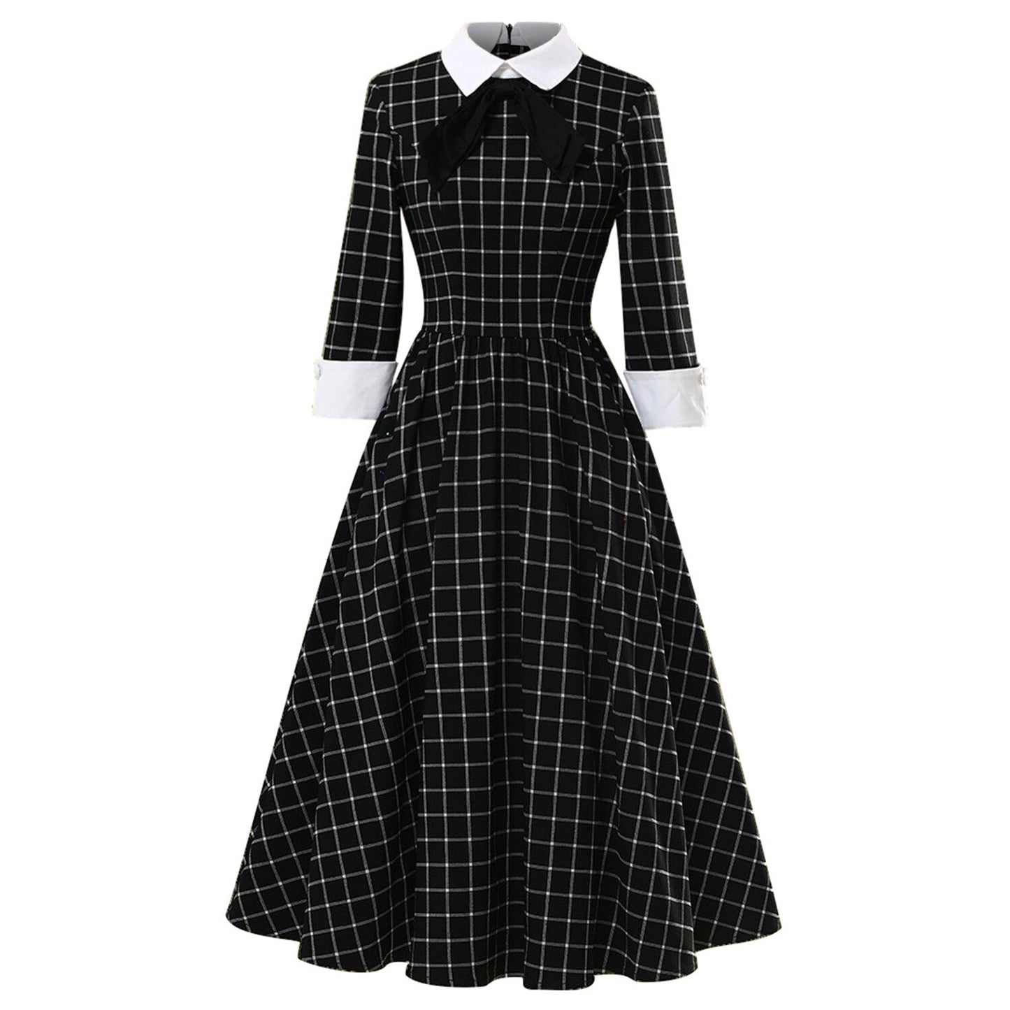 Women Vintage black and white plaid Dress Retro Rockabilly Cocktail Party 1950s 40s Swing Dress Summer Dress Short Sleeves