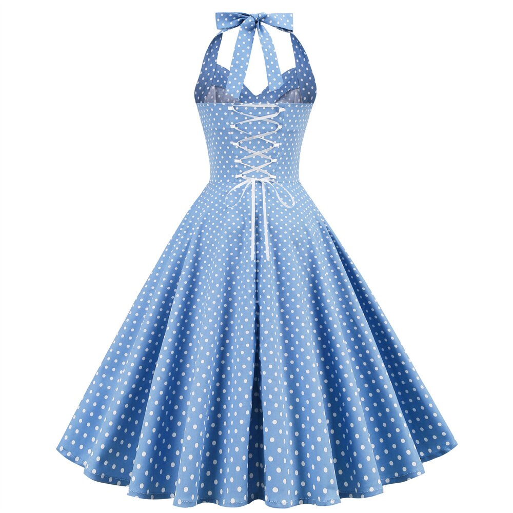 Women Vintage Halterneck Dress Retro Rockabilly Polka Dot Cocktail Party 1950s 40S Swing Dress Summer Dress Casual Dress