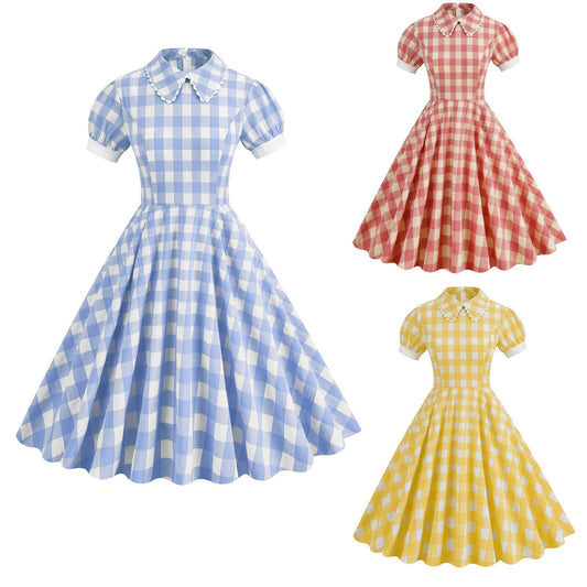 Women Vintage Pater Pan Collar Dress With Pockets Plaid Rockabilly Cocktail Party 1950s 40s Swing Dress Summer Dress