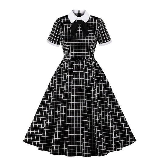 Women Vintage black and white plaid Dress Retro Rockabilly Cocktail Party 1950s 40s Swing Dress Summer Dress Short Sleeves