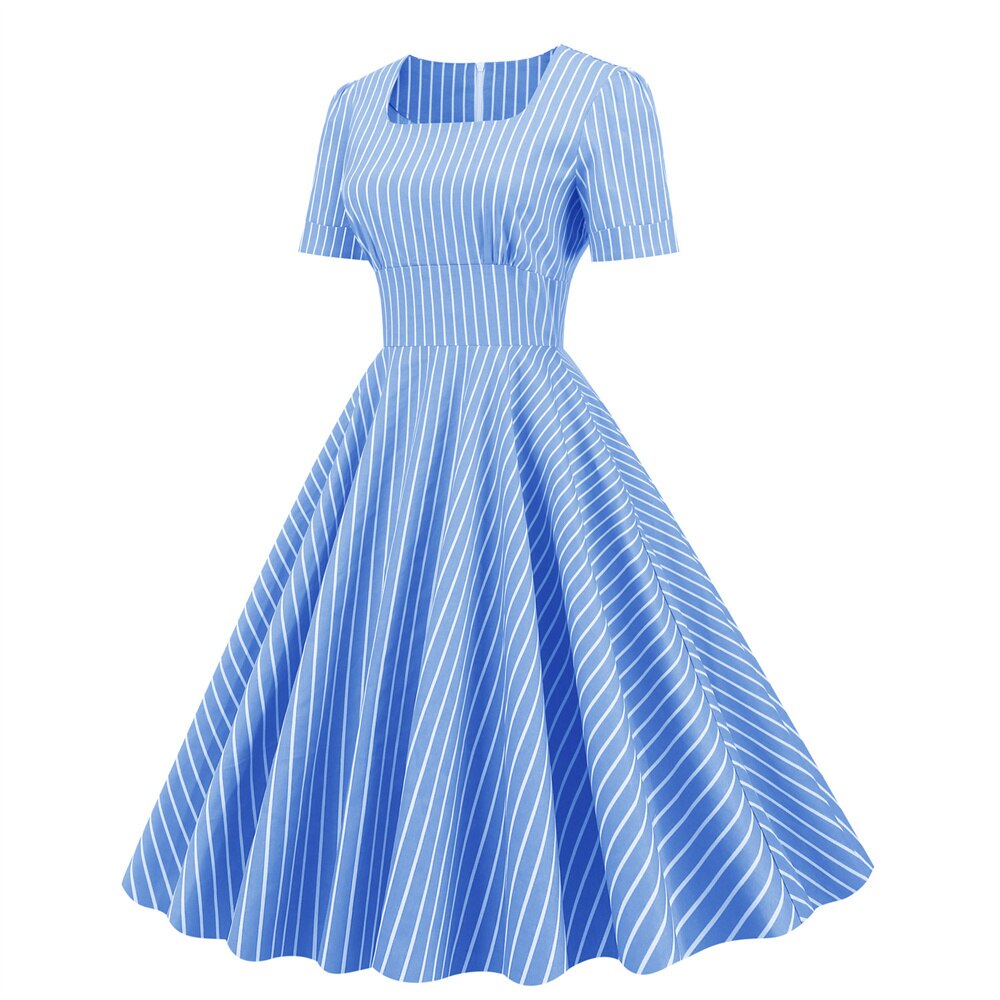 Women Vintage Striped Dress With Pockets Rockabilly Cocktail Party 1950s 40s Swing Dress Summer Dress Short Sleeves