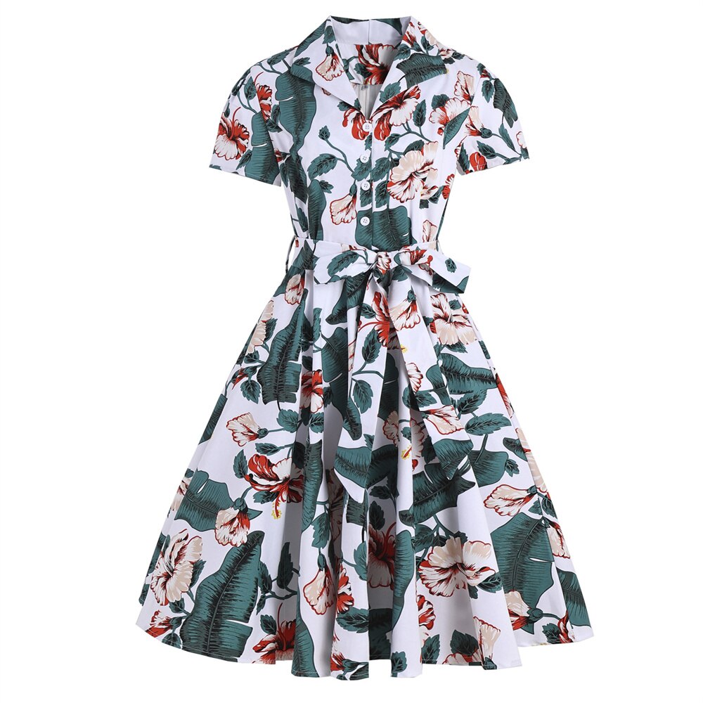 Women Vintage Flower Printing Dress Retro Rockabilly 2023 V-Neck Cocktail Party 1950s Swing Dress Summer Dress Short Sleeves