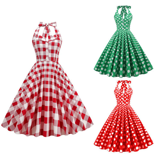 Women Vintage Halterneck Dress With Pockets Retro Rockabilly Plaid Dot Cocktail Party 1950s 40S Swing Dress Summer Dress Casual