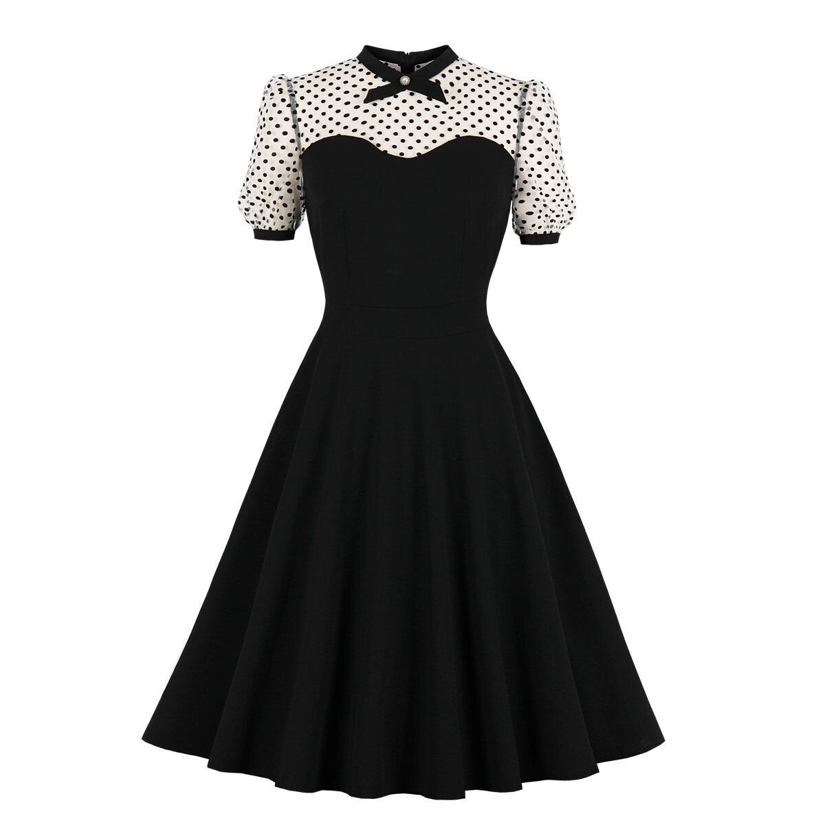 Women Vintage Mesh Dress Retro Rockabilly Round Collar Cocktail Party Lace 1950s 40s Swing Dress Summer Dress See through Black