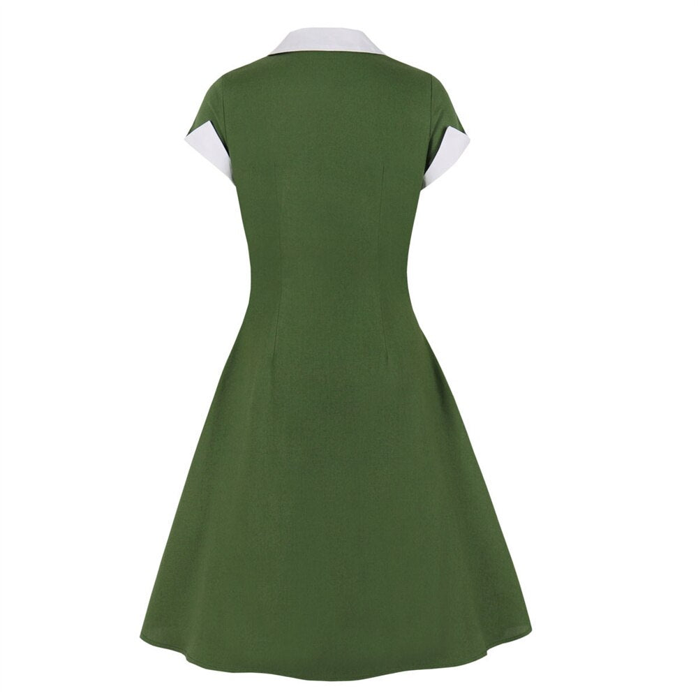 Women Vintage Solid Green Dress Rockabilly Cocktail Party 1950s 40s Swing Dress Summer Dress Short Sleeves