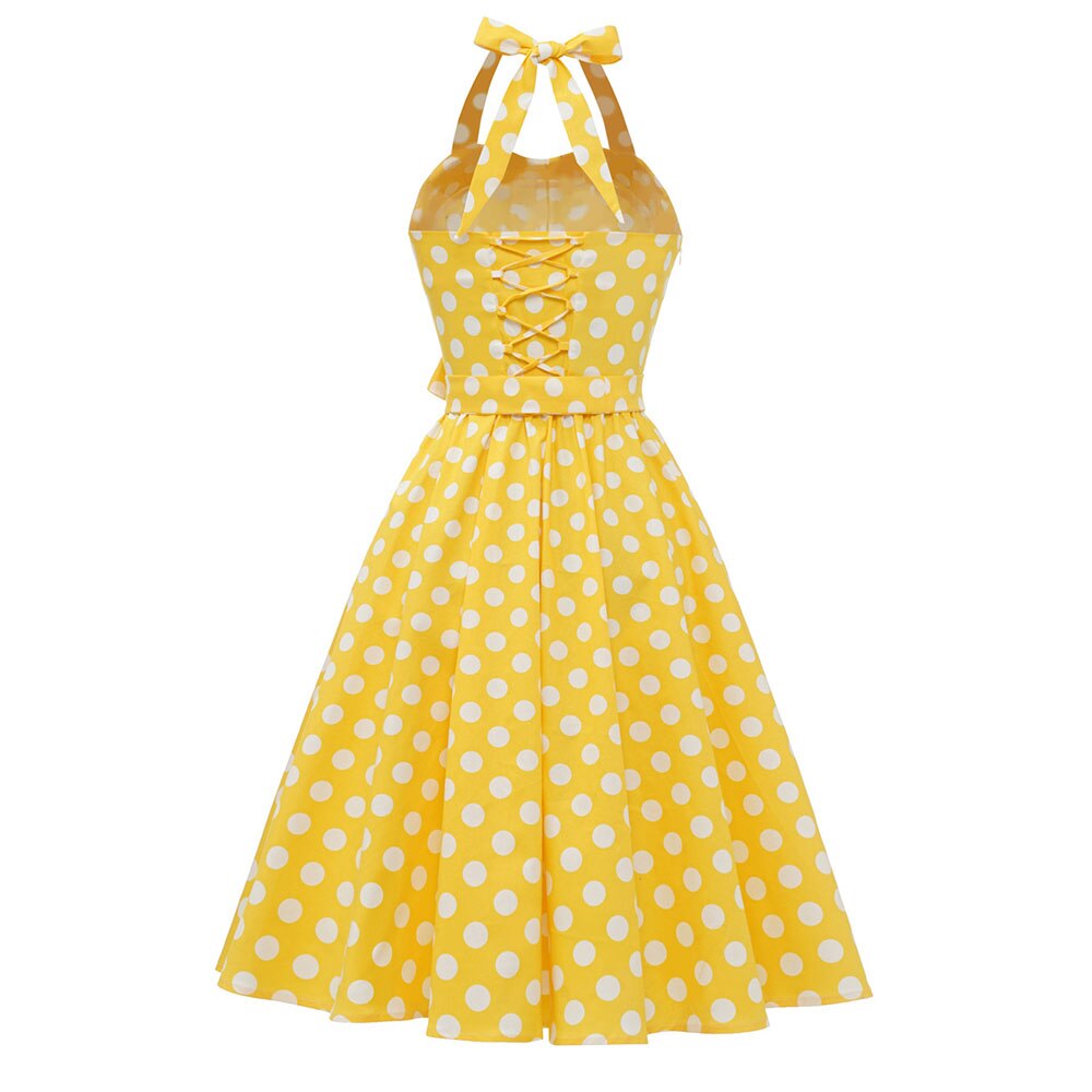 Women Vintage Halterneck Dress Retro Rockabilly Polka Dot Cocktail Party 1950s 40S Swing Dress Summer Dress Yellow Beach Dress