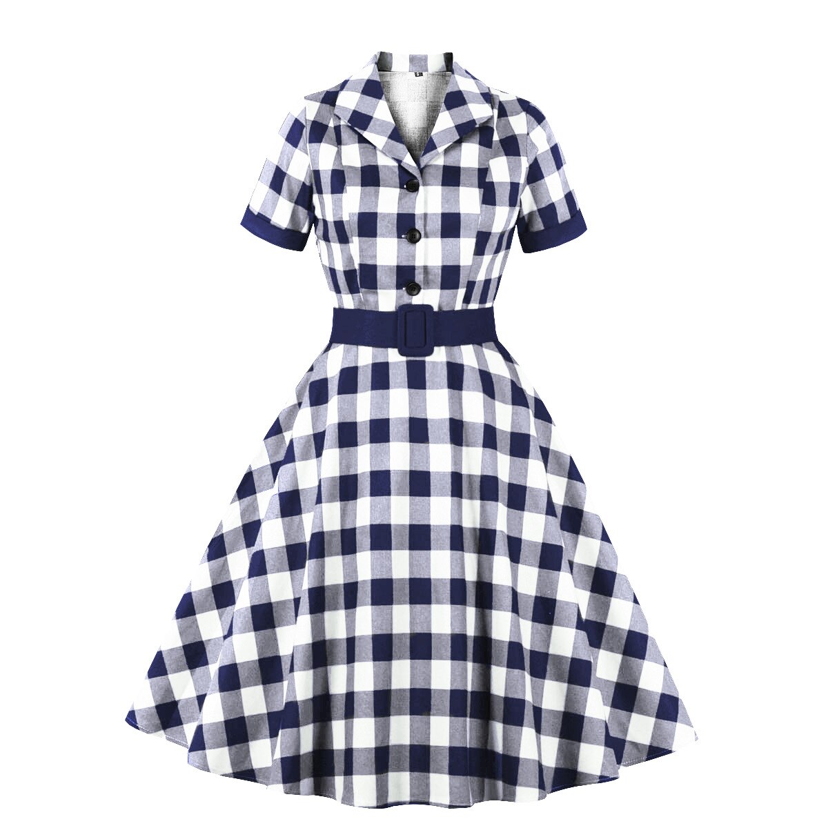 Women Vintage Plaid Dress Retro Rockabilly V-Neck Cocktail Party 1950s 40s Swing Dress Summer Dress Short Sleeves