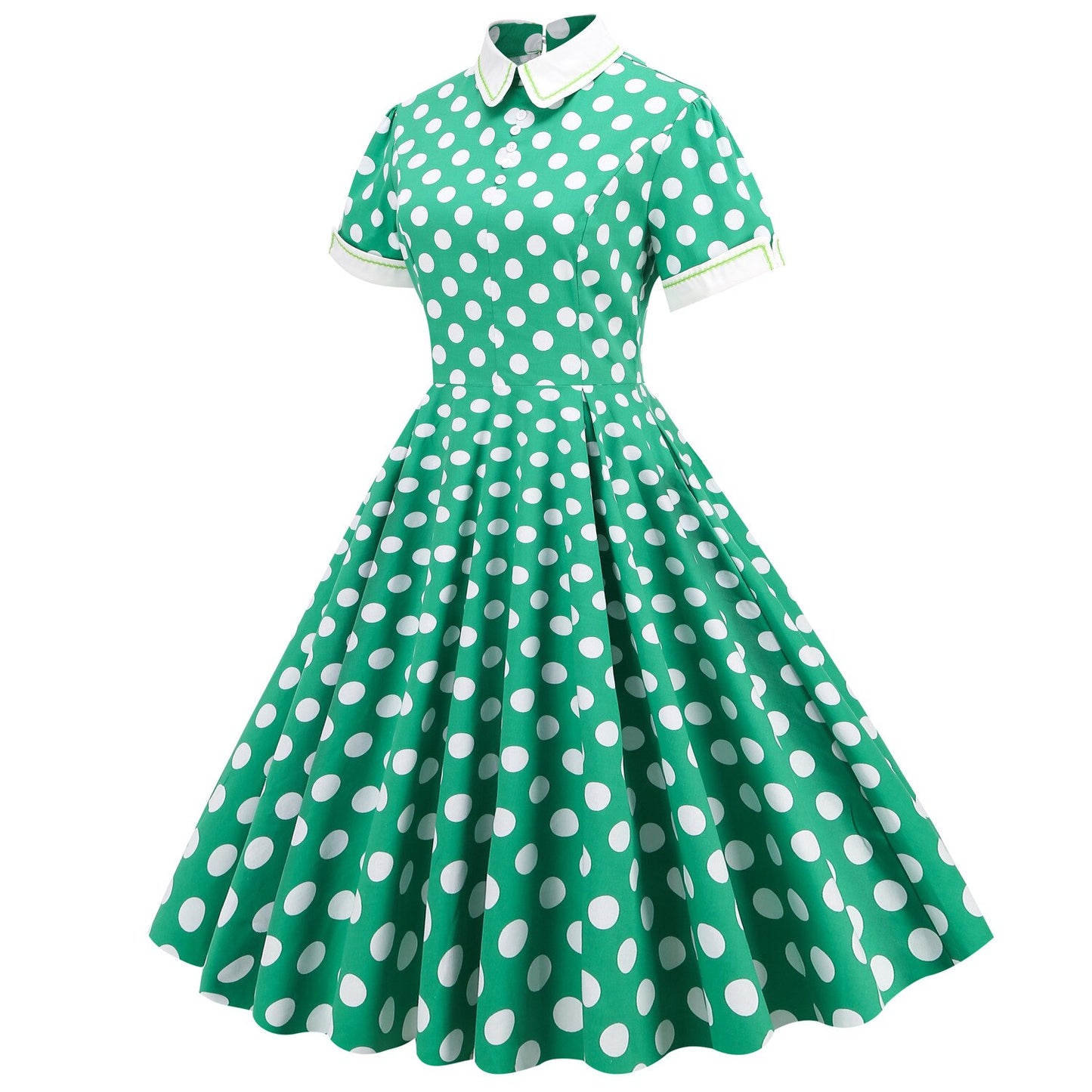 Women Vintage Green Polka Dots Dress With Pockets Rockabilly Cocktail Party 1950s 40s Swing Dress Casual Dress Short Sleeves