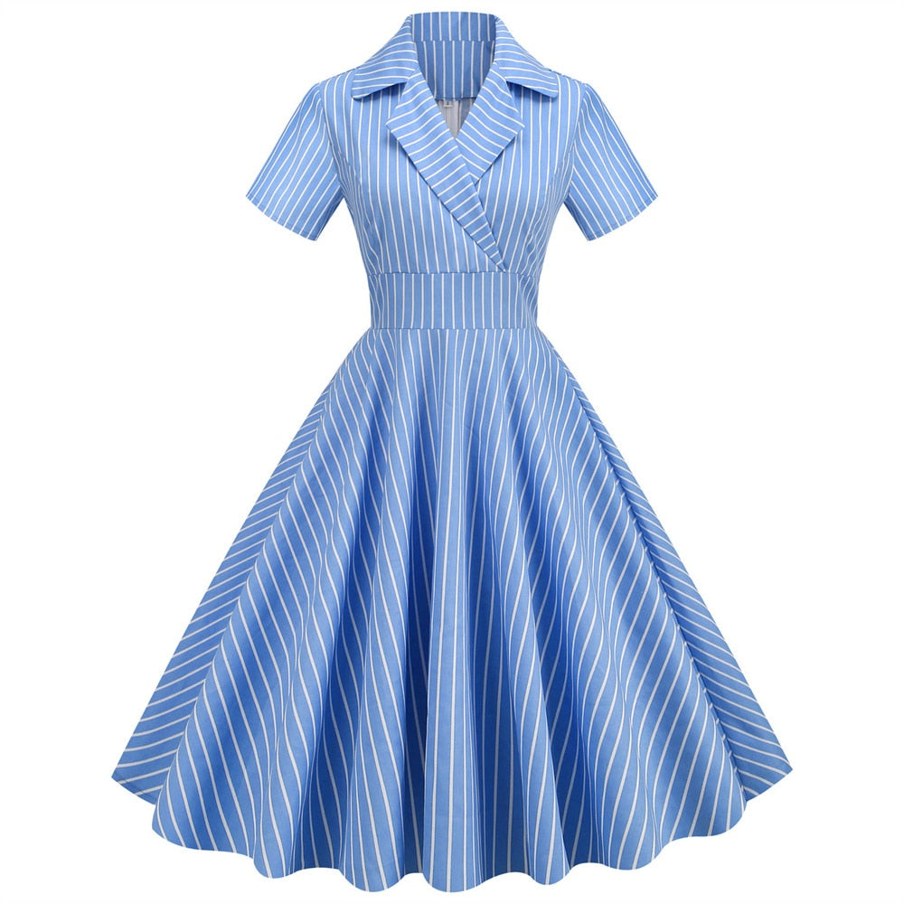 Women Vintage Striped Dress Rockabilly Cocktail Party 1950s 40s Swing Dress Summer Dress Short Sleeves