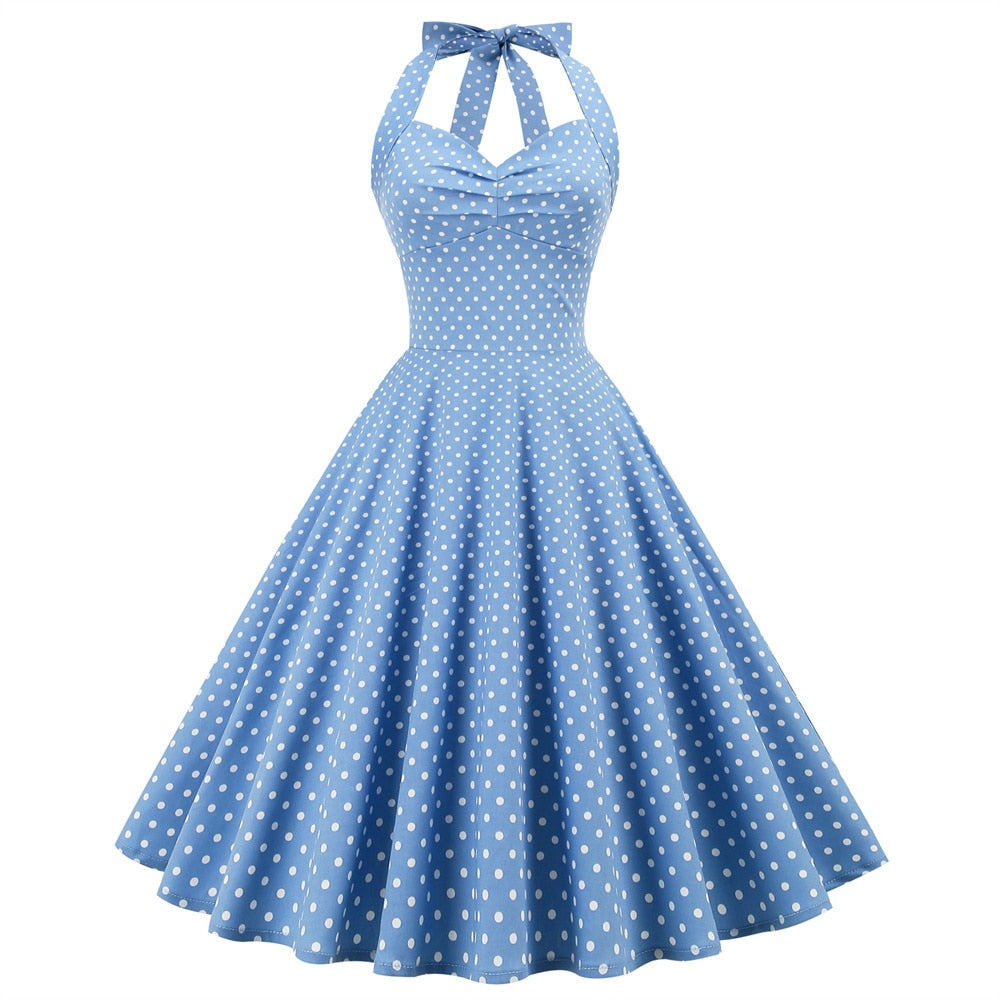 Women Vintage Halterneck Dress Retro Rockabilly Polka Dot Cocktail Party 1950s 40S Swing Dress Summer Dress Casual Dress