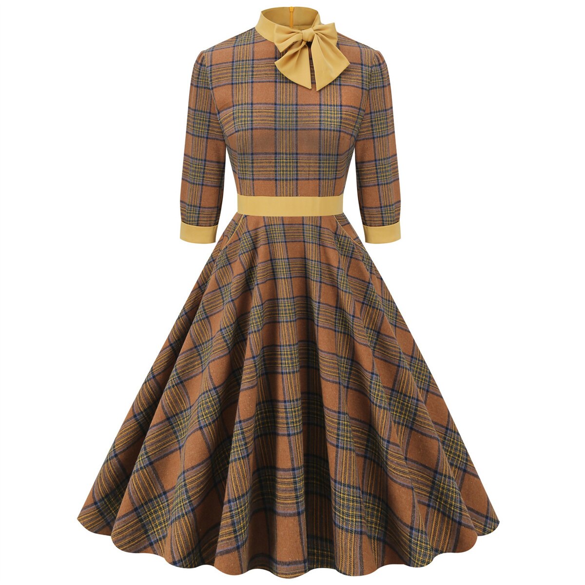 Women Vintage Plaid Dress With Pocket Rockabilly Cocktail Party 1950s 40s Swing Dress Autumn Winter Dress Long Sleeves