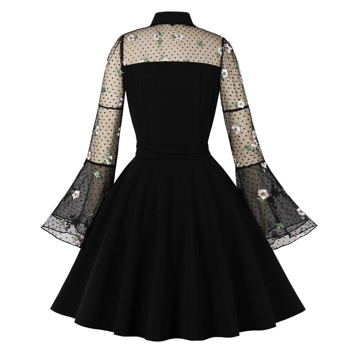 Gothic Black Floral Dress Women Vintage Mesh Cocktail Dresses Draped Skater Dress 2023 Medieval Dress Flare Sleeve Autumn