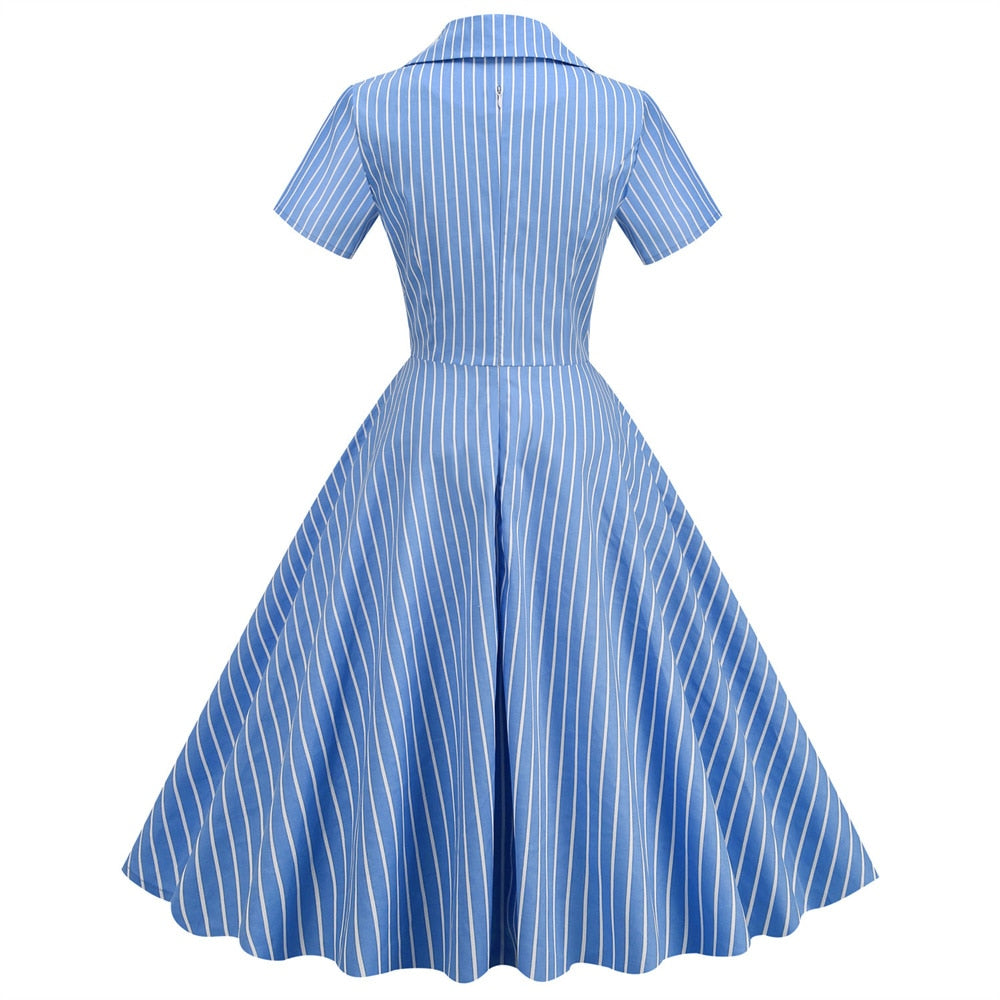 Women Vintage Striped Dress Rockabilly Cocktail Party 1950s 40s Swing Dress Summer Dress Short Sleeves