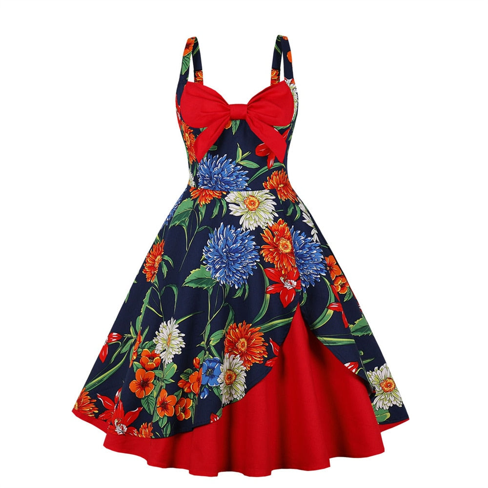 Women Vintage Pattern Print Dress Retro Rockabilly Strap Suspenders Cocktail Party 1950s 40s Swing Dress Summer Dress Sleeveless