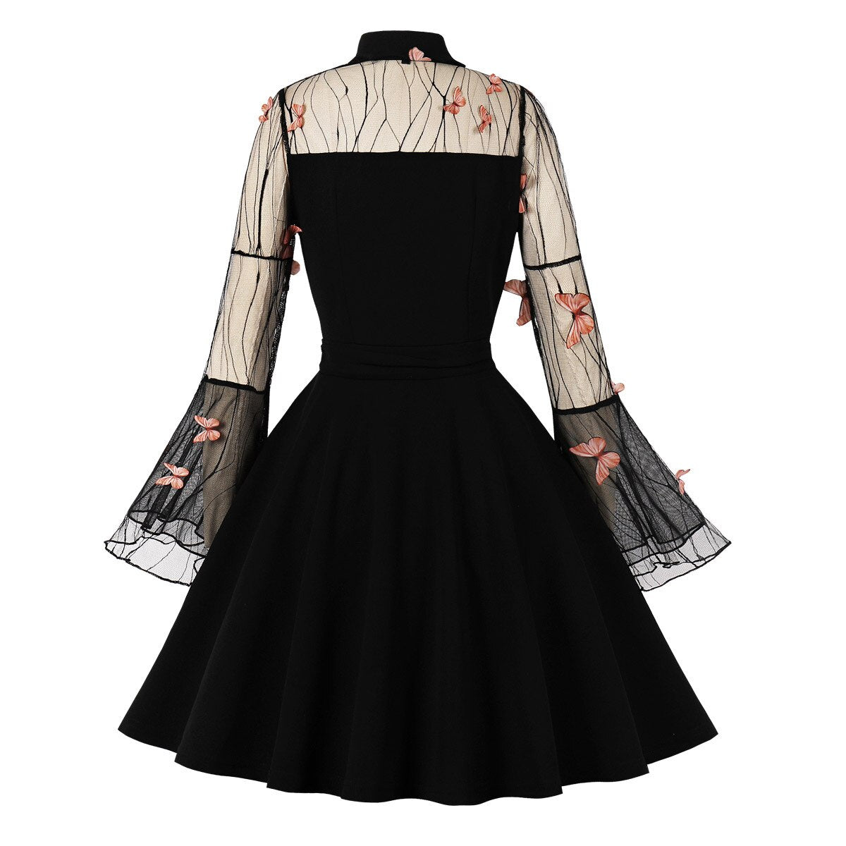 Gothic Black Butterfly Dress Women Vintage Mesh Cocktail Dresses Draped Skater Dress 2023 Medieval Dress Flare Sleeve