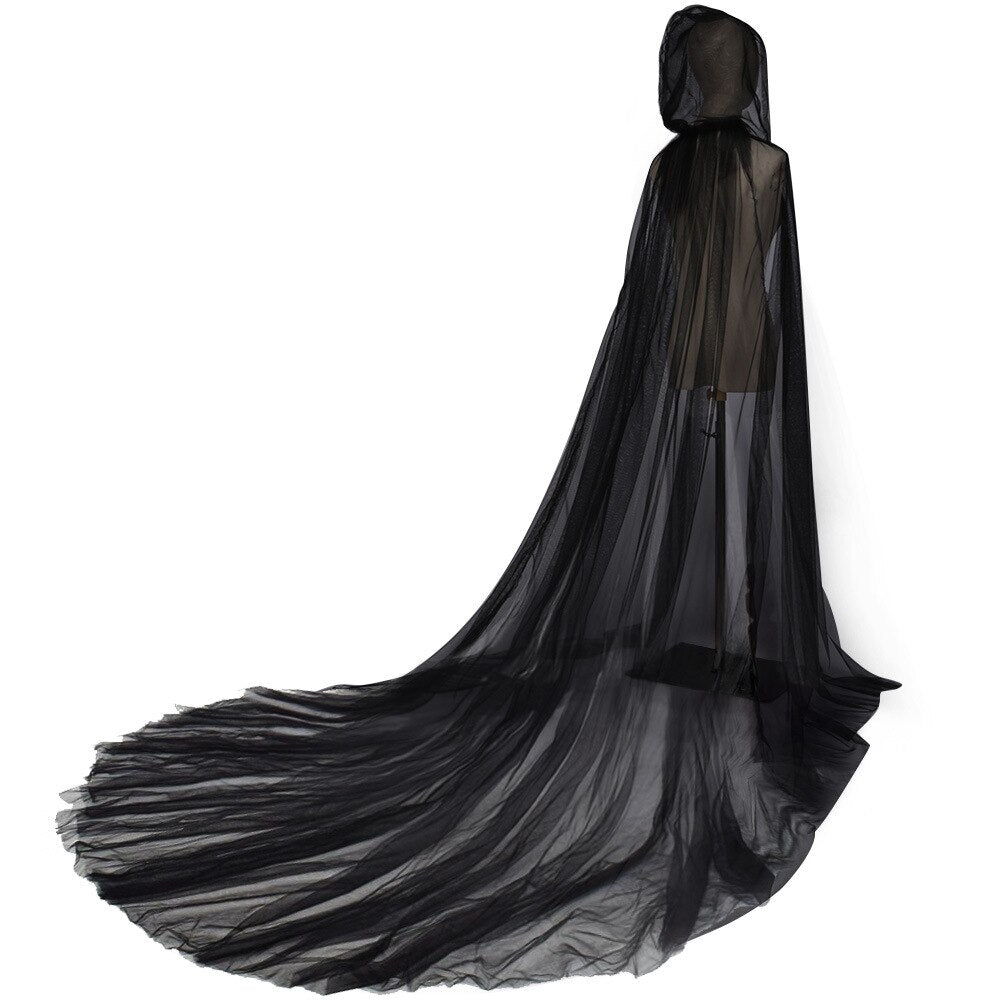 Women Black Hooded Tulle Cape Long Chiffon Medieval Net Robe Vampire Bride Sheer Haunted Cloak Costume for Adults and Teens