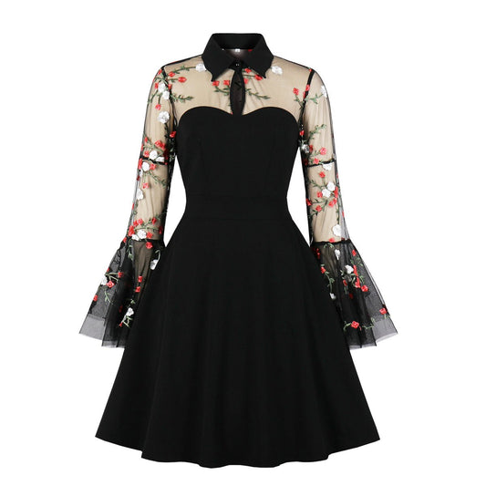 Gothic Black Flower Embroidery Dress Women Vintage Mesh Cocktail Dresses Skater Dress 2023 Medieval Dress Flare Sleeve Halloween