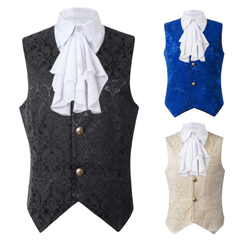 Men Gothic Steampunk Vest With Fake Ruffles Collar Jcquard Brocade Waistcoat Medieval Ranassance Tops Victorian Vintage Costume