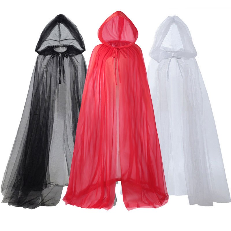 Women Red Hooded Tulle Cape Long Chiffon Medieval Net Robe Vampire Bride Sheer Haunted Cloak Costume for Adults and Teens