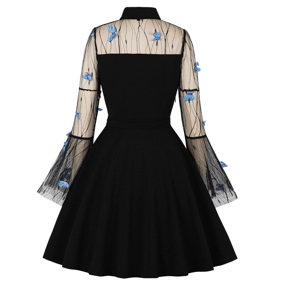 Gothic Black Butterfly Dress Women Vintage Mesh Cocktail Dresses Draped Skater Dress 2023 Medieval Dress Flare Sleeve Halloween